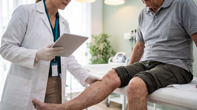 A doctor examines an elderly man's leg for varicose veins in a medical clinic. Focus on vascular health and care