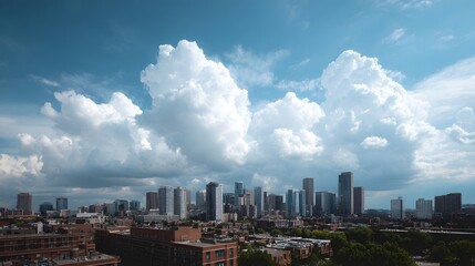 Obraz premium Expansive modern city skyline beneath dramatic cumulus clouds on a bright clear day
