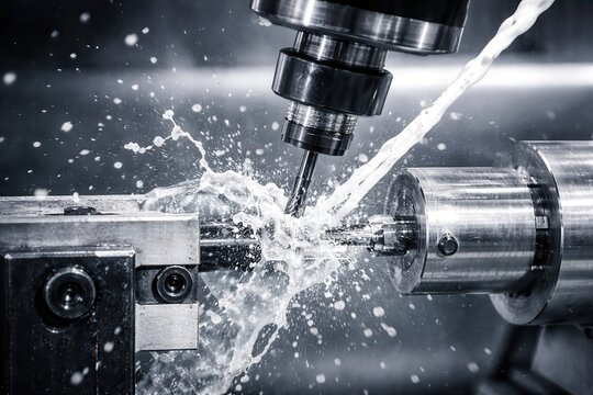 Precision cnc milling machine cutting metal with coolant splash

