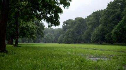 Fototapeta premium Lush green park landscape with falling rain and water puddles on a cloudy day