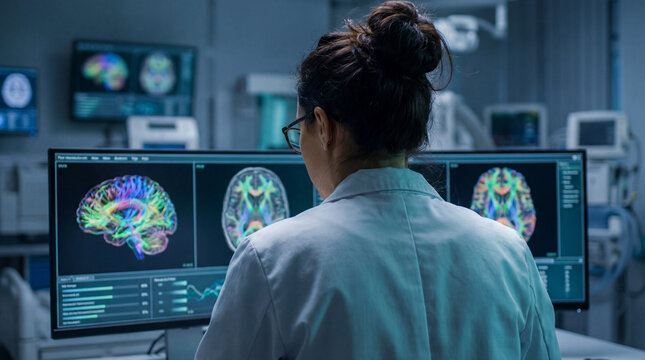 A scientist reviews intricate 3D brain MRI scans for medical research. Focus on neurology and healthcare technology