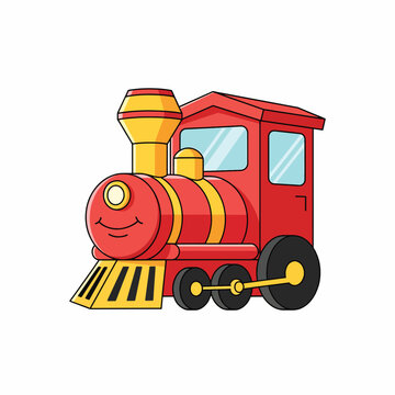 Smiling cartoon train engine with face.