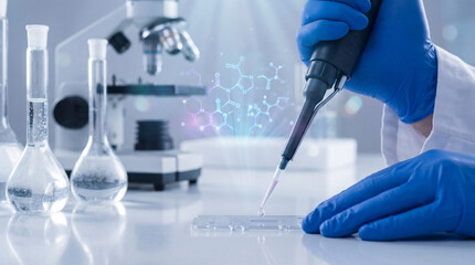 Fototapeta premium Gloved hand pipetting in a laboratory with microscope and digital chemical structures for scientific research and innovation