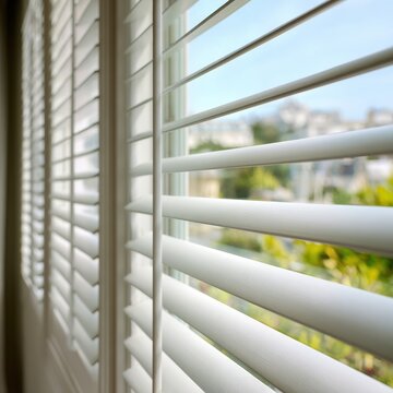 Close-up of white wooden window shutters with a blurred outdoor view