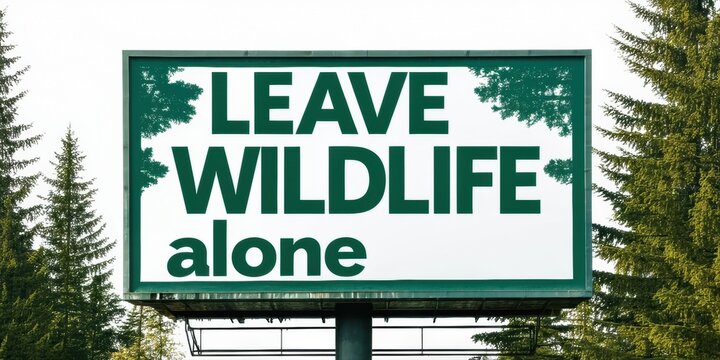 Billboard displays message requesting wildlife undisturbed. Evergreen trees frame sign, dark background emphasizes text. Simple, direct communication.