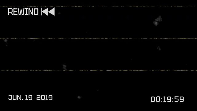 Vintage 2019 VHS Rewind Effect, Camcorder Screen Overlay with Analog Glitch and Static Noise, 4K Alpha Channel