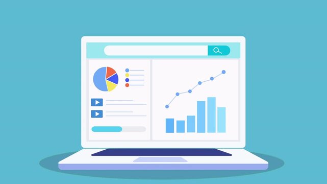 Flat animation of a laptop dashboard with pie chart, bar chart, data list panel, and rising line graph, representing data analytics, reporting, and business growth tracking.
