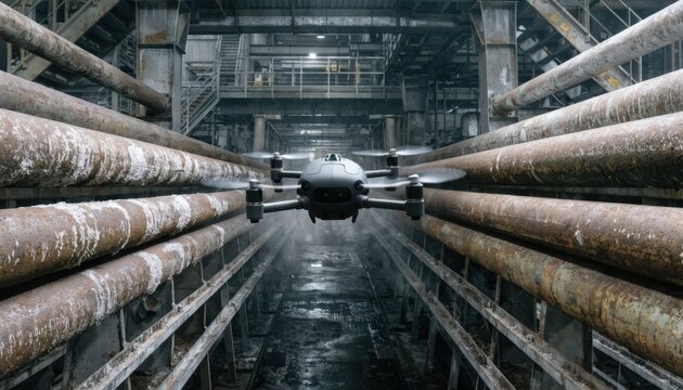 Medium shot of an autonomous drone employing highresolution visual cameras to inspect busbars for surface defects and corrosion in a modern metallurgical plant.