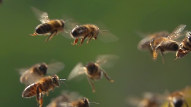 Bees flying., bee swarm, Honeybees. Slow motion