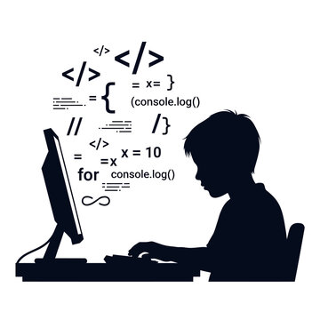 Silhouette of boy coding on computer.