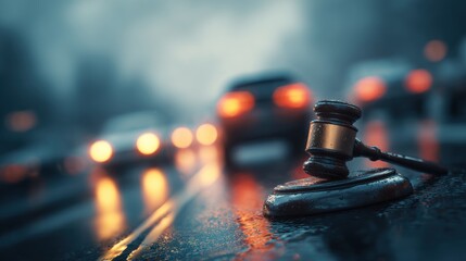 Fototapeta premium Gavel on road with blurred traffic