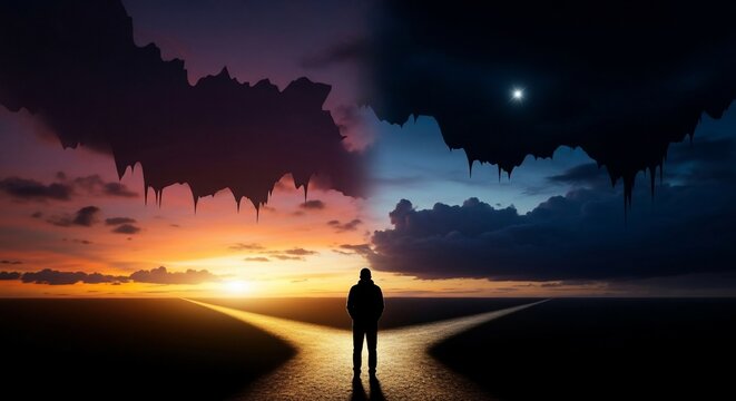 Man at Crossroads with Day and Night Sky Split.
