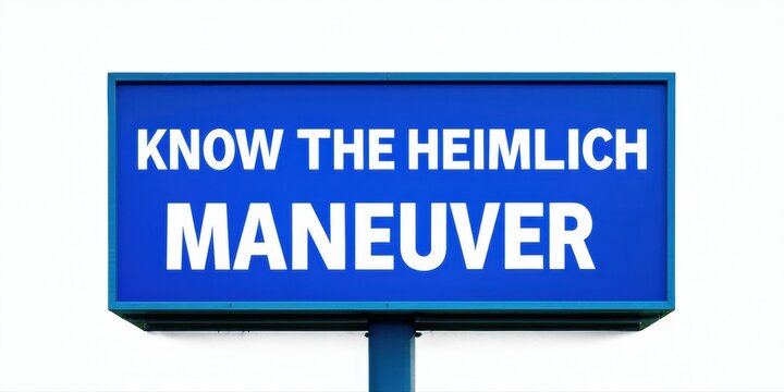 Blue sign displays text promoting Heimlich maneuver knowledge. Important safety information presented clearly. Simple design, black background.