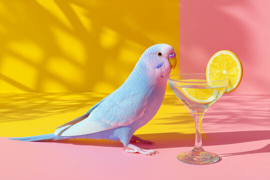 Colorful parrot next to a cocktail glass with citrus on a vibrant split background.