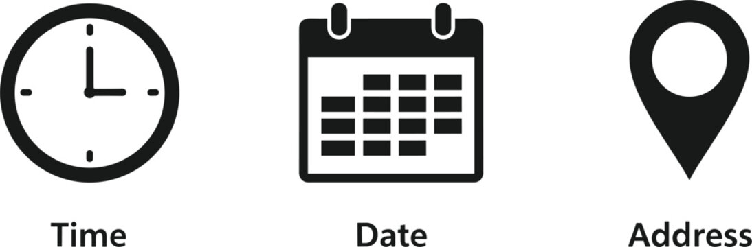 Collection of Time, Date, and Address Icons Featuring Clock, Calendar, and Location Pin for Scheduling and Navigation
