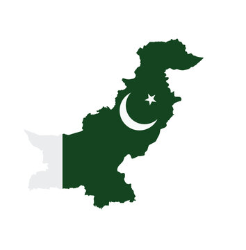 Map of Pakistan with National Flag Design, Crescent and Star Silhouette Vector Illustration Isolated on White Background