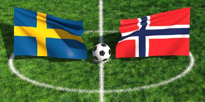 Sweden and Norway national flags on a green soccer field pitch with a football