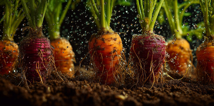 Fresh beetroots growing in dark soil with visible roots in a garden.