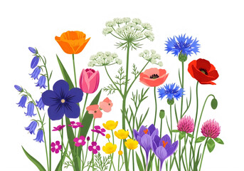 Fototapeta premium Vibrant bouquet of diverse wildflowers including poppies, cornflowers, tulips, and crocus, isolated on transparent background