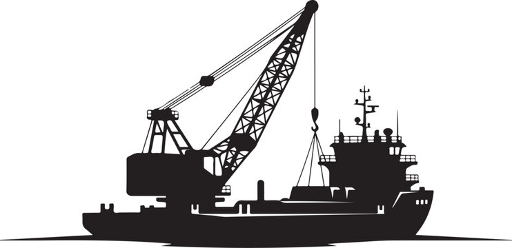 Black silhouette cargo ship, industrial crane barge, vector maritime vessel, heavy industry icon