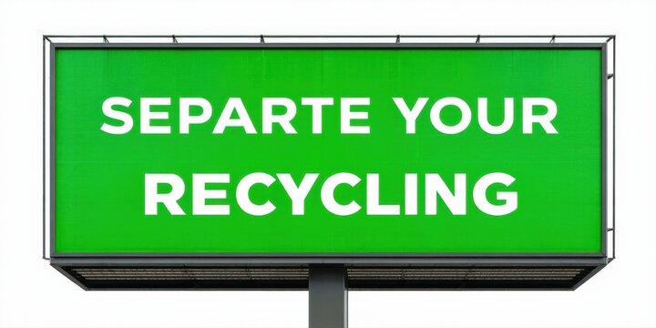 Bright green billboard displays text requesting recycling separation. Simple design, black background emphasizes message. Clear instructions visible.