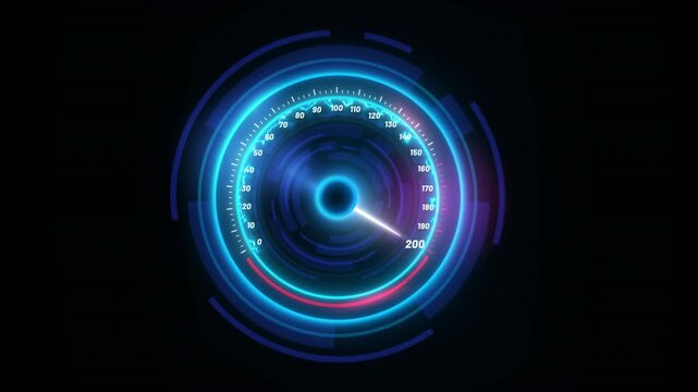 Speedometer animation. Volume Neon car dashboard HUD. Sci-fi high speed acceleration with dynamic light effects. Internet test and engine performance motion graphic. Transparent MOW with Alpha