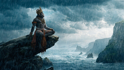 Ancient Hindu ascetic yogi meditating alone on rocky coastal cliff during heavy rainfall with dramatic stormy ocean waves and dark moody sky in deep spiritual solitude