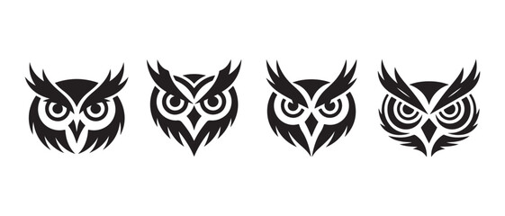 Fototapeta premium Abstract Stylized Owl Faces Icons, Silhouette Vector Set, Front View.