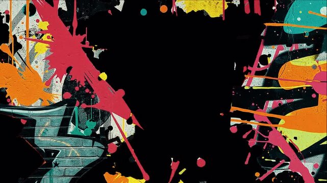 Colorful urban collage with paint splashes, graffiti elements, and abstract composition on dark background. Ideal for posters, creative designs, and bold visuals.