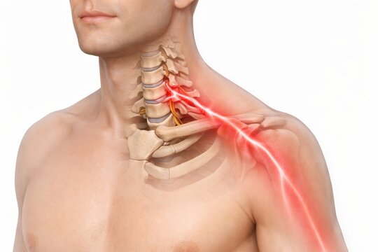 Cervical radiculopathy medical illustration showing compressed neck nerve root with radiating arm pain pathway in spine concept for diagnosis health education and clinical care