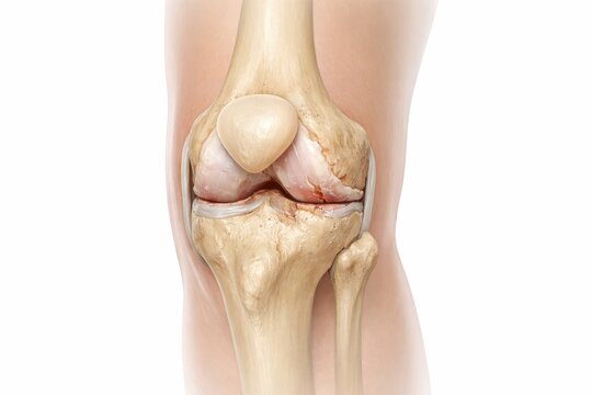 Knee osteoarthritis medical illustration showing degenerative knee joint with cartilage loss and joint narrowing in orthopedic concept for diagnosis pain education and care
