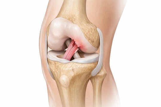 ACL tear medical illustration showing knee joint with ruptured anterior cruciate ligament between femur and tibia in orthopedic sports injury concept for diagnosis and education