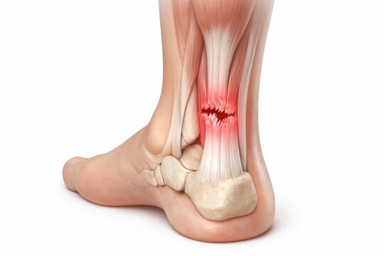 Achilles tendon rupture medical illustration showing torn heel tendon above calcaneus in orthopedic sports injury concept for diagnosis pain anatomy education and clinical care