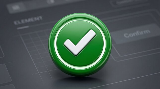 A green button with a white checkmark sits on a dark gray technical interface background.