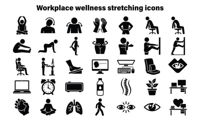 Obraz premium Flat design workplace wellness icons set with stretching and health activities for office employees