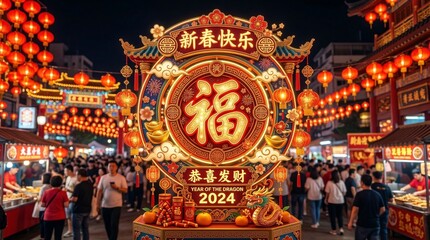 Fototapeta premium Vibrant night market scene with people gathered around festive lanterns and decorations celebrating Chinese New Year with traditional foods and large character sign.