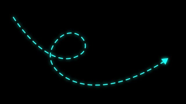 4k Long dotted line arrow animation to indicate an object. arrow animation following wavy dotted line. target arrow icon on black background.