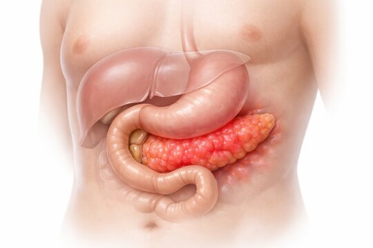 Acute pancreatitis medical illustration showing inflamed pancreas with gland swelling and surrounding irritation in gastroenterology concept for diagnosis pathology education and care