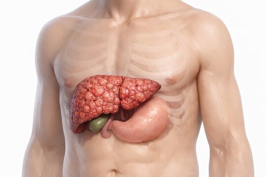 Cirrhosis liver medical illustration showing nodular scarred liver with irregular contour in hepatology concept for diagnosis pathology education and chronic disease care