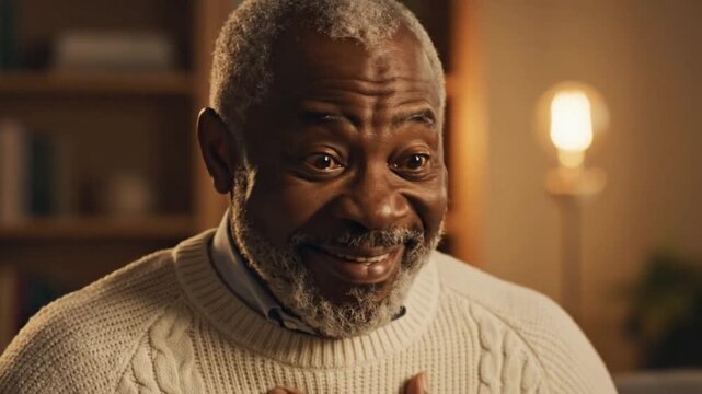 Portrait of a smiling senior man wearing a beige sweater in a cozy living room with warm lighting.