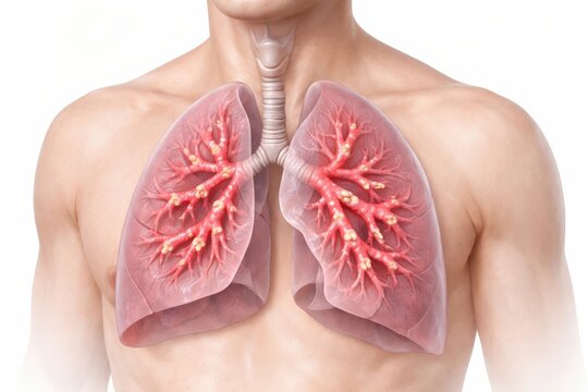Asthma bronchoconstriction medical illustration showing narrowed inflamed bronchi with excess mucus in lungs in pulmonology concept for diagnosis education and respiratory care