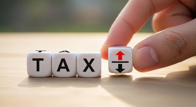 Tax increase and decrease concept, hand placing white dice with tax word and up down arrows, financial planning and taxation policy