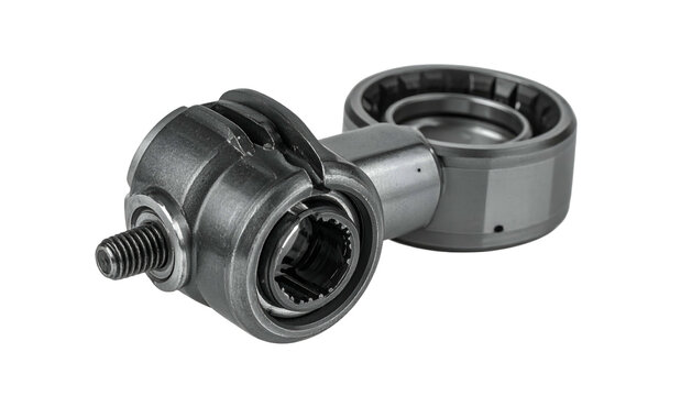 Metallic, mechanical part; industrial design, intricate ball joint, showing screw thread and bearing