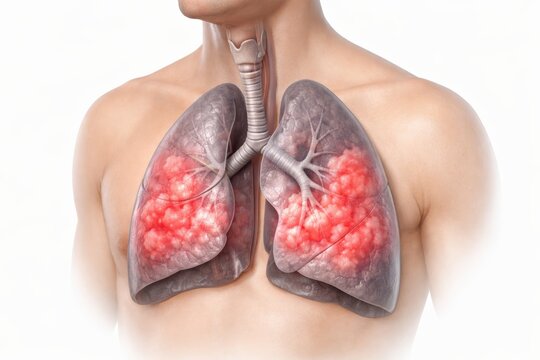Pulmonary edema medical illustration showing lungs with fluid filled alveolar regions in pulmonology and cardiology concept for diagnosis respiratory pathology education and care