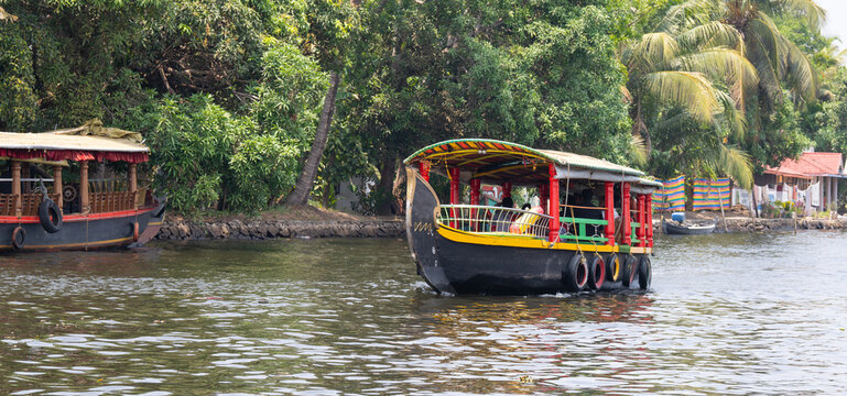 Alleppey backwaters in India, Alappuzha houseboats on waterway, small canal of Laccadive Sea, Tarshish land of Kerala, serene water body