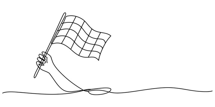 Continuous one line drawing of a hand holding a checkered flag representing victory and racing Vector, illustration