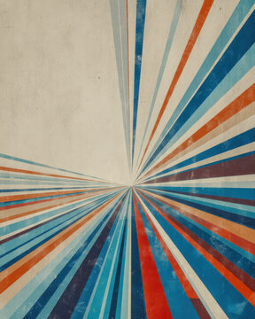 Radiant blue white and red rays burst from center on elegant minimal striped background