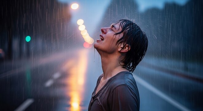 Young man crying in the rain at night with city lights in the background.