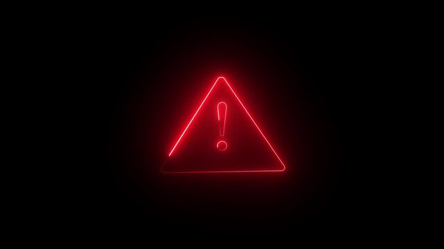 Glowing neon red colour warning icon animation on black background.