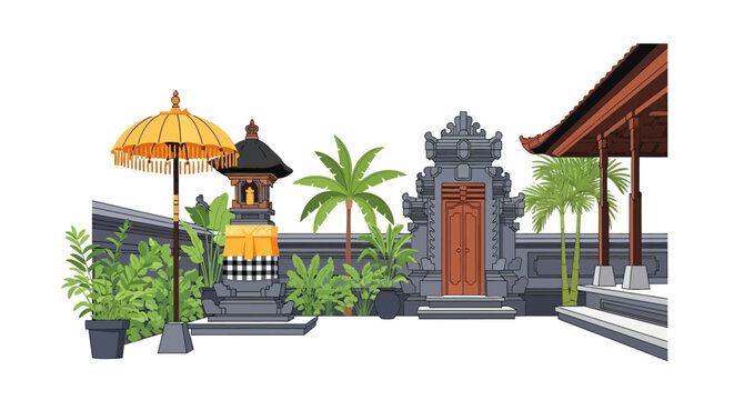 Traditional Balinese Hindu Temple Architecture with Candi Bentar Gate and Tedung Umbrella Vector Illustration